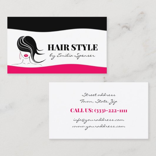 Eenvoudige zwart & roze design lay-out haarstylist visitekaartje (Voorkant / Achterkant)