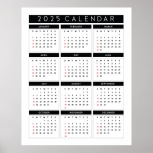 Eenvoudige zwart-wit 2025 Kalender Poster