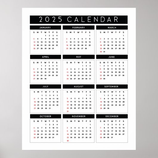 Eenvoudige zwart-wit 2025 Kalender Poster (Voorkant)