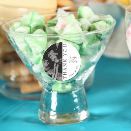 Eenvoudige zwart-wit afbeelding bruiloft dank u ronde sticker