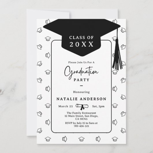 Eenvoudige zwart-wit Afstuderen Pet Graduation Par Kaart (Voorkant)