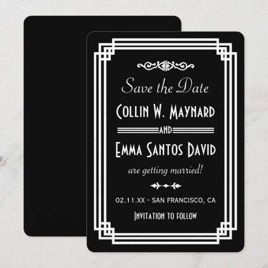 Eenvoudige Zwart-Wit Art Deco Bewaar de Datum Save The Date (Voorkant / Achterkant)