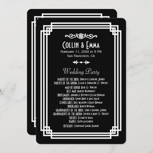Eenvoudige zwart-wit Art Deco bruiloft programma's (Voorkant / Achterkant)