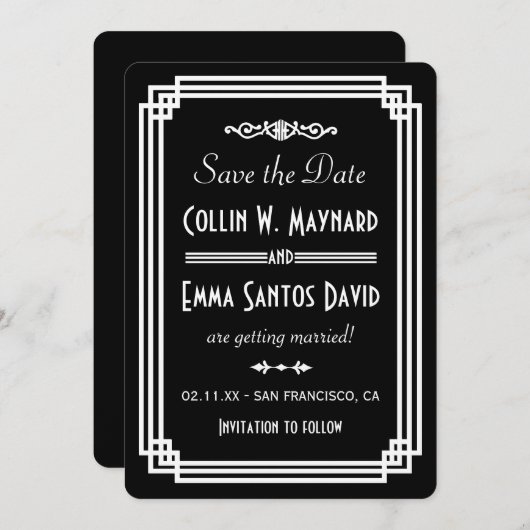 Eenvoudige zwart-wit Art Deco Save The Date (Voorkant / Achterkant)