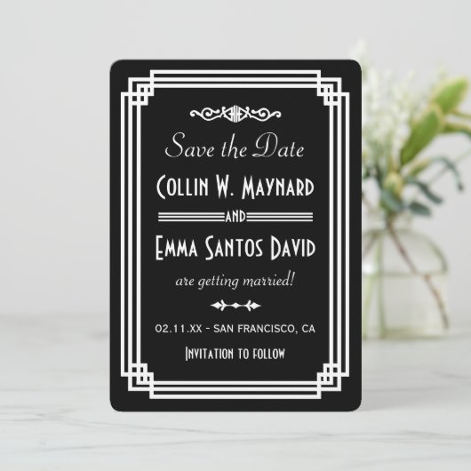 Eenvoudige zwart-wit Art Deco Save The Date (Staand voorkant)