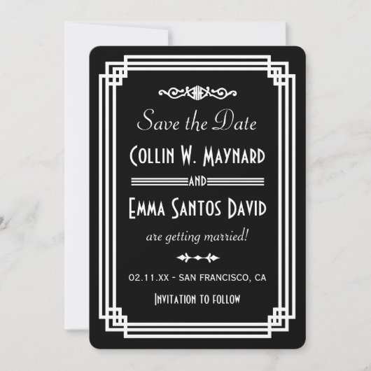 Eenvoudige zwart-wit Art Deco Save The Date (Voorkant)