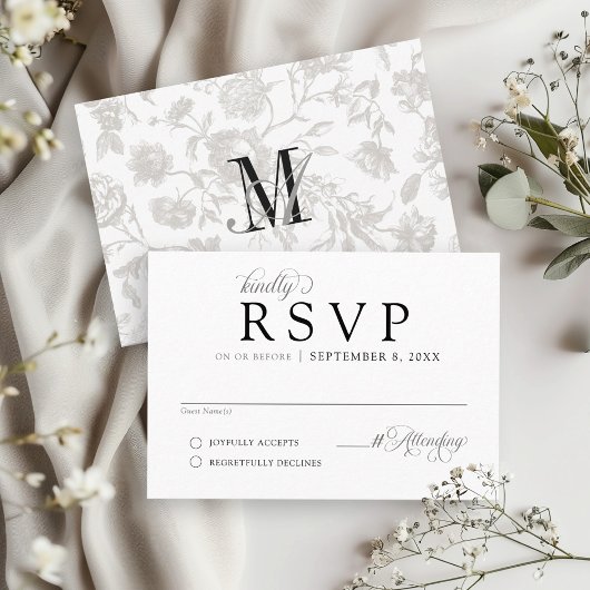 Eenvoudige Zwart & Wit  Bloemen Formele Bruiloft RSVP Kaartje