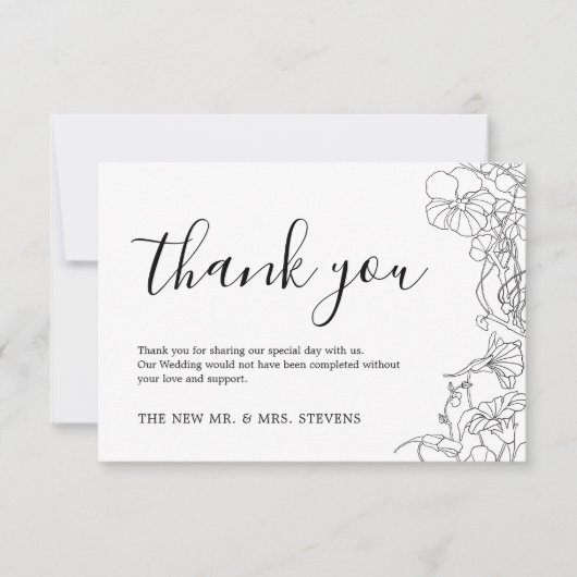 Eenvoudige zwart-wit bloemenbruiloft bedankkaart (Voorkant)