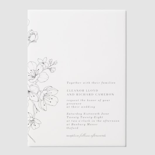 Eenvoudige Zwart & Wit Bloesem Bloemen Huwelijk Vellum Uitnodigingen (Voorkant)