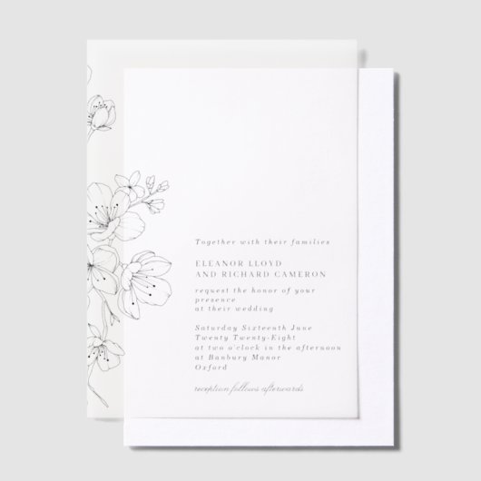 Eenvoudige Zwart & Wit Bloesem Bloemen Huwelijk Vellum Uitnodigingen (Offset)