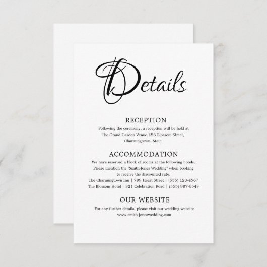 Eenvoudige zwart-wit bruiloft details informatiekaartje (Voorkant / Achterkant)