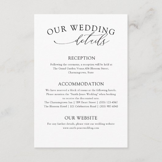 Eenvoudige zwart-wit bruiloft details informatiekaartje (Voorkant)