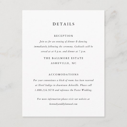 Eenvoudige zwart-wit bruiloft details informatiekaartje (Voorkant)