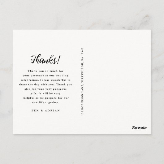 Eenvoudige zwart wit bruiloft foto dank u briefkaart (Achterkant)