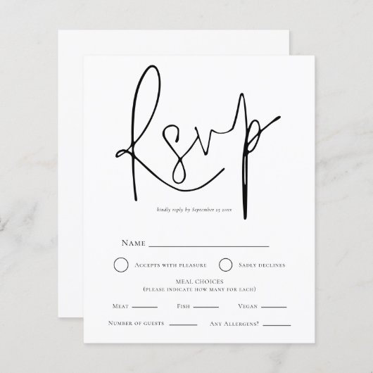 Eenvoudige zwart wit bruiloft maaltijd keuze RSVP (Voorkant / Achterkant)