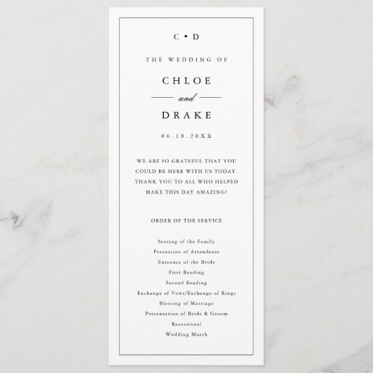 Eenvoudige zwart-wit bruiloft monogram ceremonie programmakaart (Voorkant)