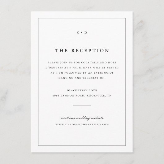 Eenvoudige zwart-wit bruiloft monogram receptie informatiekaartje (Voorkant)