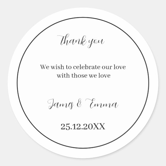 Eenvoudige zwart-wit bruiloft ronde sticker (Voorkant)