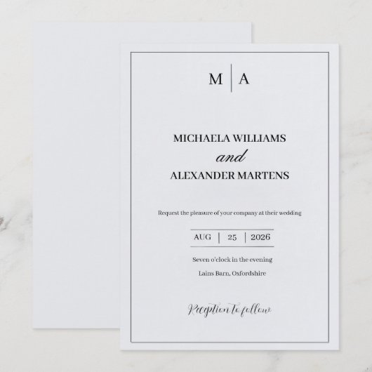 Eenvoudige zwart-wit bruiloft uitnodigingskaart kaart (Voorkant / Achterkant)