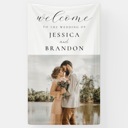 Eenvoudige zwart-wit chique foto bruiloft Welkom Spandoek (Verticaal)
