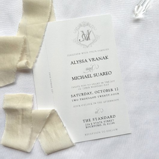 Eenvoudige zwart & wit  crest lint bruiloft kaart