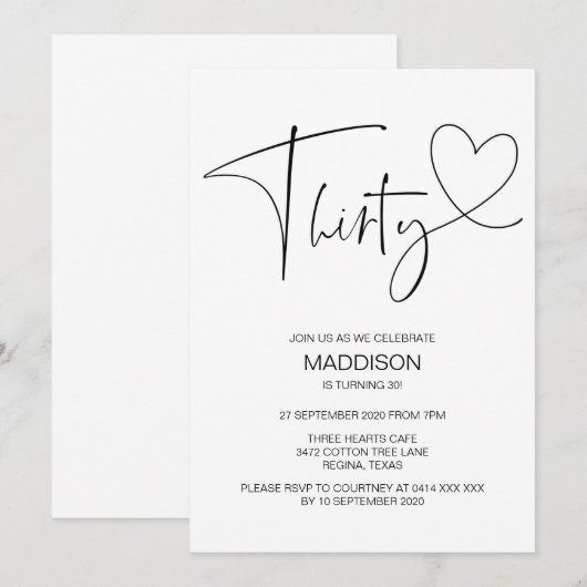 Eenvoudige zwart-wit dertig 30e verjaardag Uitnodi Kaart (Voorkant / Achterkant)