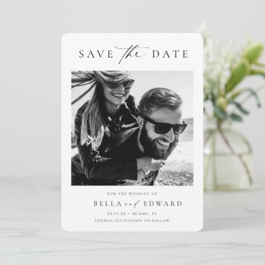 Eenvoudige zwart-wit foto bruiloft opslaan van de save the date (Staand voorkant)
