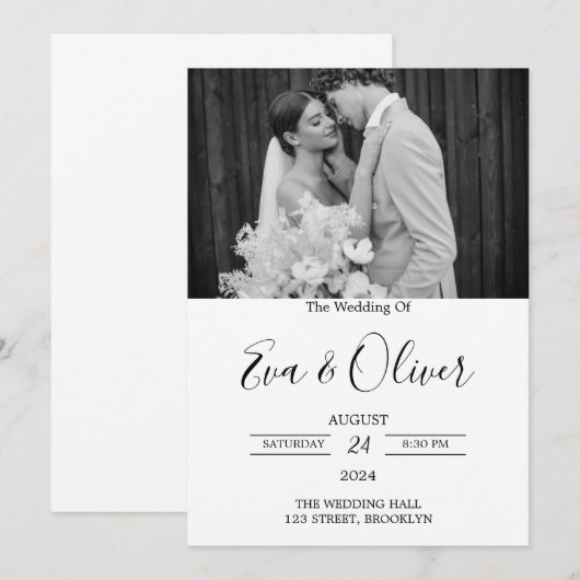 Eenvoudige zwart-wit foto bruiloft uitnodiging (Voorkant / Achterkant)