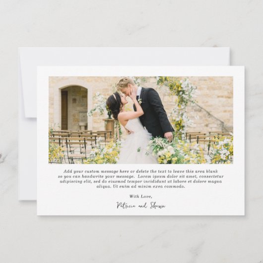 Eenvoudige zwart-wit foto Elegante bruiloft Bedankkaart (Achterkant)