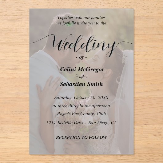 Eenvoudige zwart-wit foto overlay bruiloft acryl uitnodigingen (Voorkant)