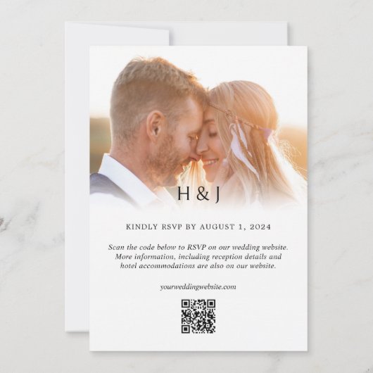 Eenvoudige zwart-wit foto overlay QR code bruiloft Kaart (Achterkant)