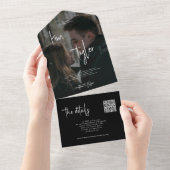 Eenvoudige zwart-wit foto QR-code RSVP trouwfeest All In One Uitnodiging (Afscheurbaar)