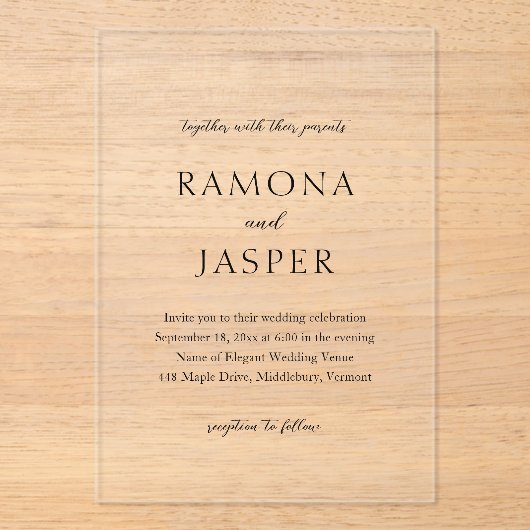 Eenvoudige zwart-wit gedurfde moderne bruiloft acryl uitnodigingen (Voorkant)