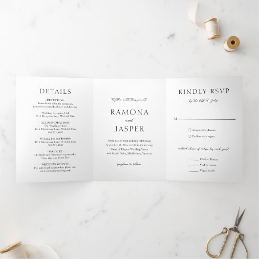 Eenvoudige zwart-wit gedurfde moderne bruiloft drieluik uitnodiging (Binnen)