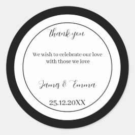 Eenvoudige zwart-wit gepersonaliseerde bruiloft ronde sticker