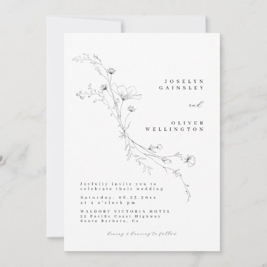 Eenvoudige zwart-wit geschetste bloemenbruiloft kaart (Voorkant)