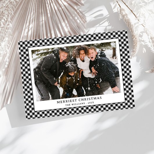 Eenvoudige Zwart Wit Gingham Plaid Foto Kerstmis Feestdagenkaart