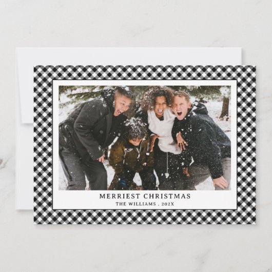 Eenvoudige Zwart Wit Gingham Plaid Foto Kerstmis Feestdagenkaart (Voorkant)