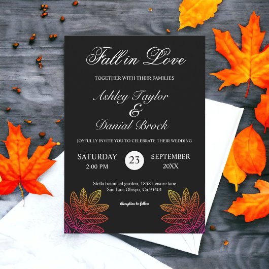 Eenvoudige zwart-wit glowy bladeren herfst bruilof kaart