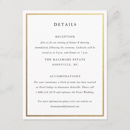 Eenvoudige zwart & wit goud elegante bruiloft deta informatiekaartje (Voorkant)