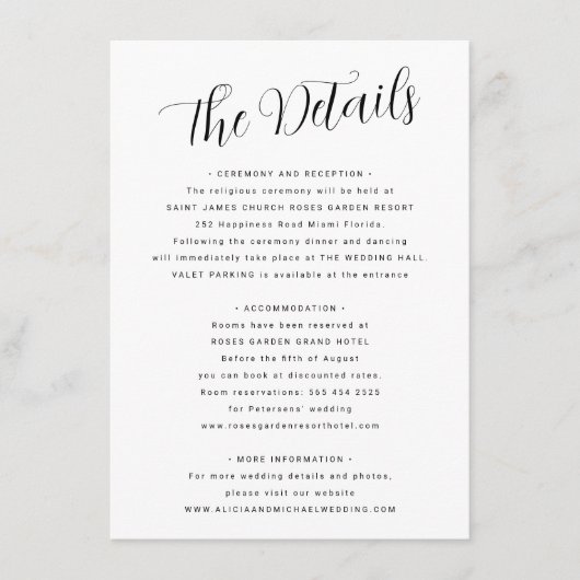 Eenvoudige zwart-wit handgeschreven script bruilof informatiekaartje (Voorkant)