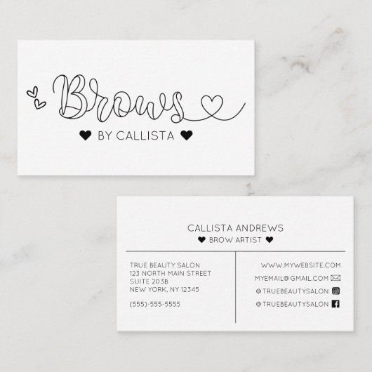 Eenvoudige Zwart Wit Harten Typografie Brows Visitekaartje (Voorkant / Achterkant)