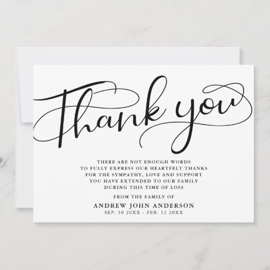 Eenvoudige zwart-wit kalligrafie begrafenis bedankkaart (Voorkant)