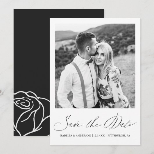 Eenvoudige zwart wit kalligrafie bloemenfoto save the date (Voorkant / Achterkant)