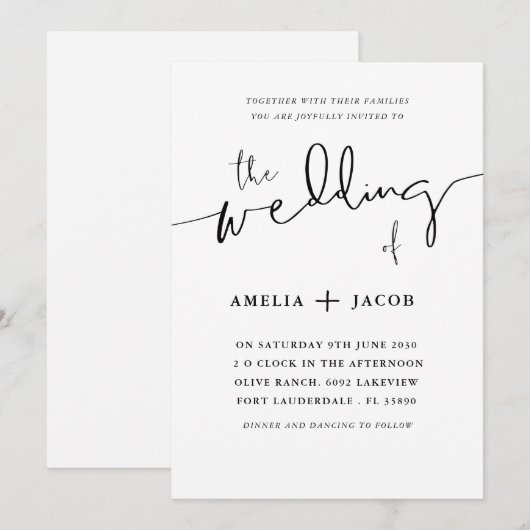 Eenvoudige zwart-wit kalligrafie bruiloft kaart (Voorkant / Achterkant)