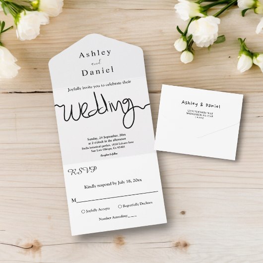 Eenvoudige zwart-wit kalligrafie Elegante bruiloft All In One Uitnodiging