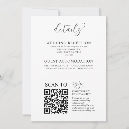 Eenvoudige zwart-wit kalligrafie QR Code Wedding Kaart (Achterkant)