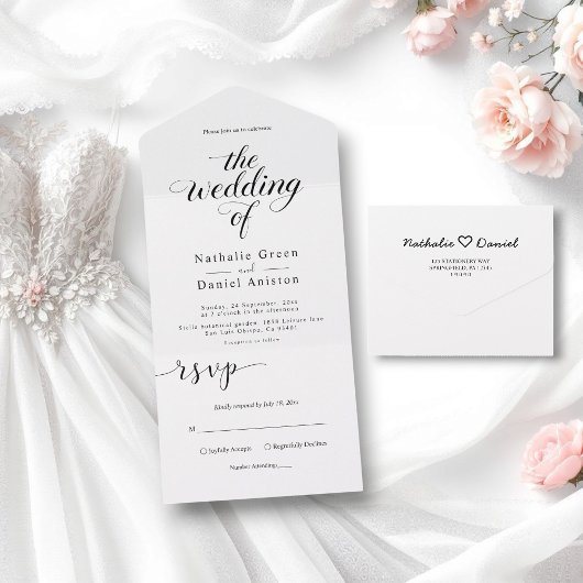 Eenvoudige zwart-wit kalligrafie Script bruiloft All In One Uitnodiging