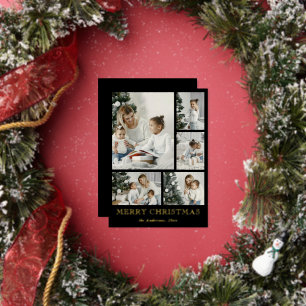 Eenvoudige zwart-wit kerstkaart met fotocollage folie feestdagenkaart