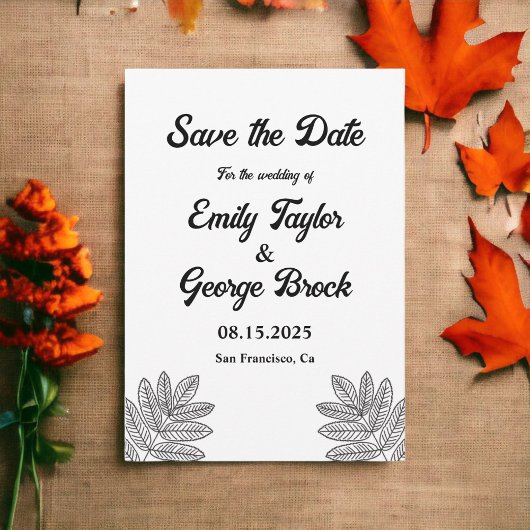 Eenvoudige zwart-wit loof rustieke herfst bruiloft save the date